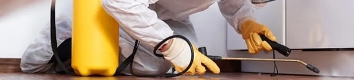 Roach exterminator treating cracks and crevices along kitchen baseboards in Savannah, GA